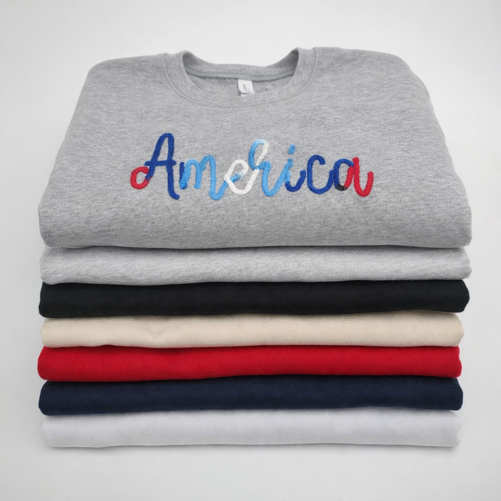 Cozy Patriotic Crewneck Sweatshirt | Americana Yarn "AMERICA" Design | Red White Blue Pride | 4th of July, Memorial Day Gift