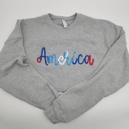 Cozy Patriotic Crewneck Sweatshirt | Americana Yarn "AMERICA" Design | Red White Blue Pride | 4th of July, Memorial Day Gift