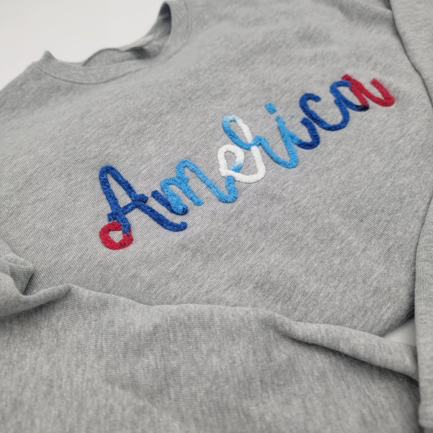 Cozy Patriotic Crewneck Sweatshirt | Americana Yarn "AMERICA" Design | Red White Blue Pride | 4th of July, Memorial Day Gift