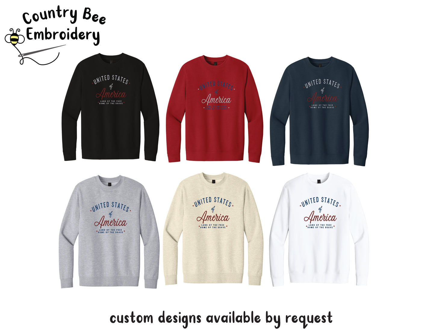 Embroidered United States America Crewneck Sweatshirt, Land Free Home Brave